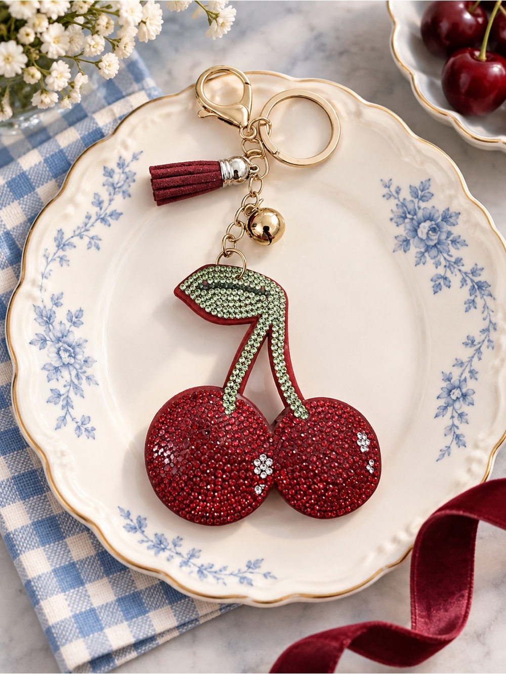 Cherry Bag Charm! It's Red & Green Beaded Cherry Keychain with Tassel. New.